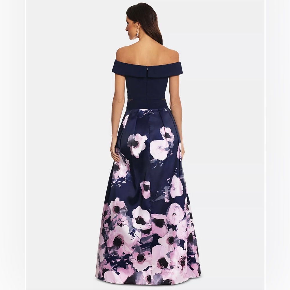 XSCAPE Off-The-Shoulder Floral-Print Floor Length Gown Size 4 Color Navy Floral - Picture 2 of 14